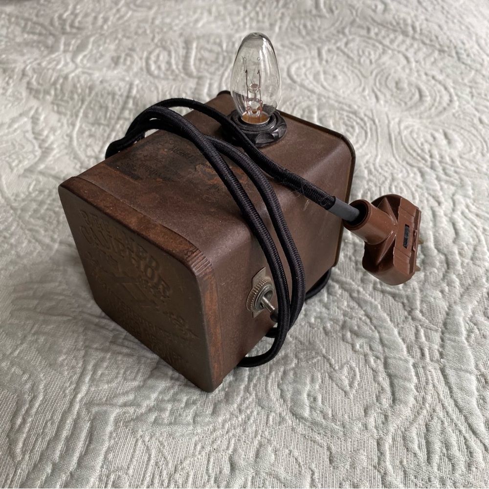 VINTAGE Mini Lamp Refined Camphor Tin Metallic Side Lamp Handmade Brown Lantern